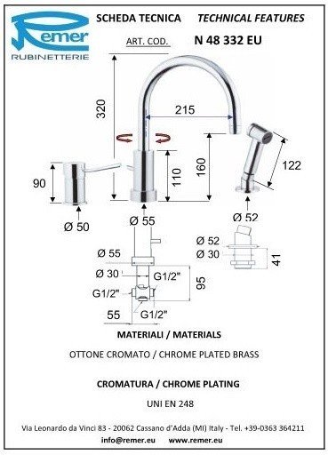 Remer Minimal N48332EU Высокий смеситель для кухни с вытяжной лейкой ...