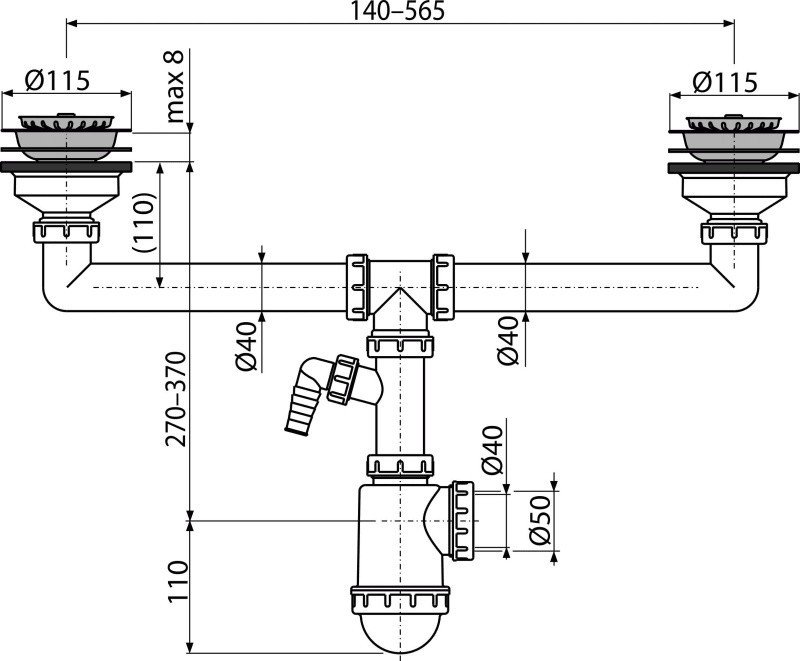 AlcaPlast A453P Сифон для двойной кухонной мойки с выпуском (хром ...