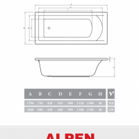 Акриловая ванна ALPEN Venera 170 ALPVNR170, гарантия 10 лет, прямоугольная форма, объём 240 литров, цвет - snow white (белоснежный)