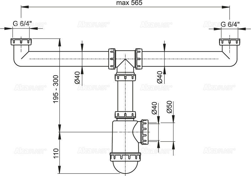 AlcaPlast A448-DN50/40 Сифон для двойной кухонной мойки, купить в ...