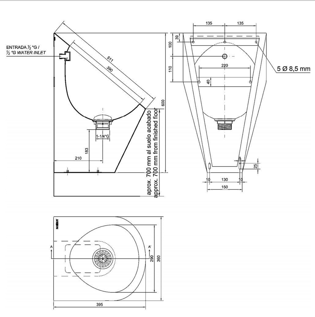 NOFER 13004.S Писсуар подвесной под внутренний налив (нержавеющая сталь ...