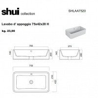 Cielo SHUI SHLAA7520: Раковина накладная на столешницу на 75 см, без отверстия под смеситель, для монтажа с настенным или высоким/свободностоящим смесителем для раковины, возможна установка на мебель или столешницу.