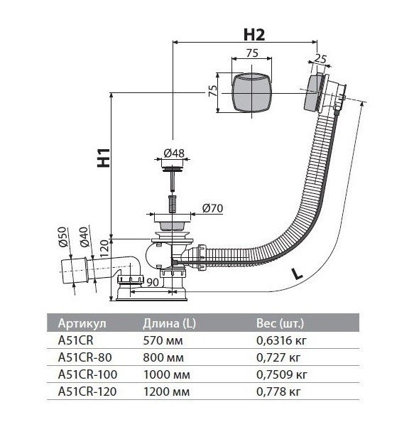 AlcaPlast A51CR-100 Слив-перелив для ванны - автоматический (хром), в ...