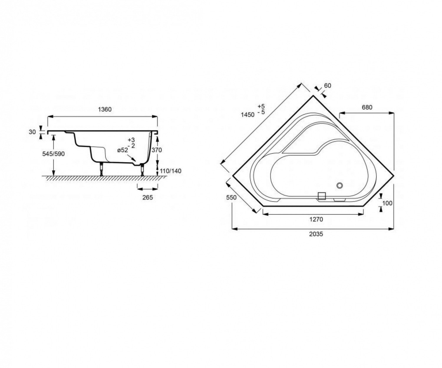 Jacob Delafon Bain Douche E6221RU-00 Угловая ванна 145*145 см R (белый ...