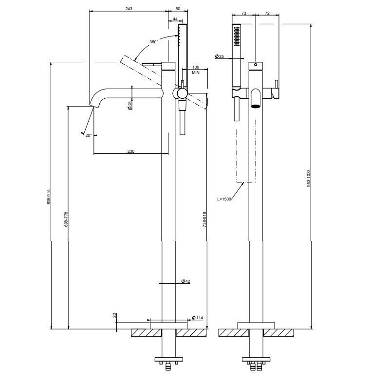 Gessi 316 BATH 54028.726 Напольный смеситель для ванны (бронза ...