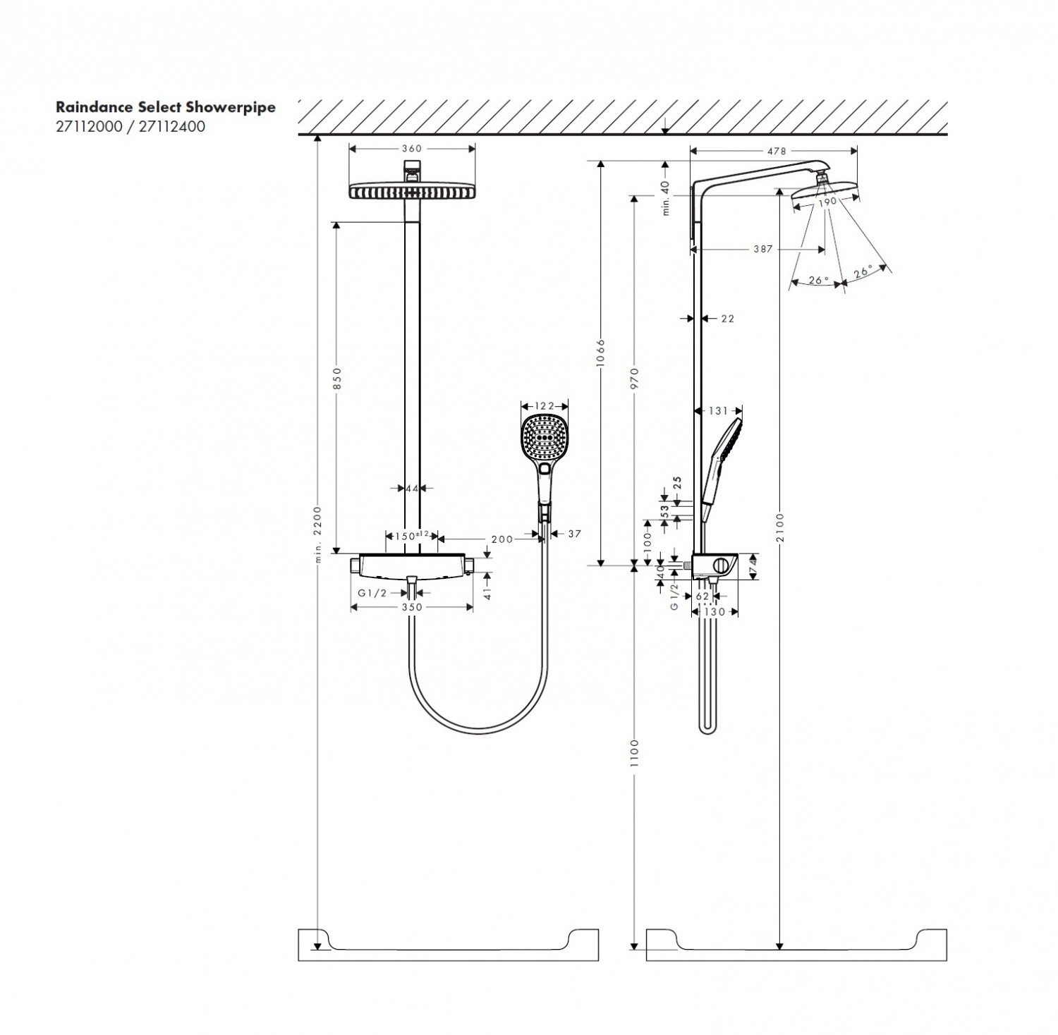 Высота крана от ванны. Душевая система Hansgrohe Raindance select e 360 Showerpipe с термостатом 27112000. Hansgrohe 27112000. Raindance e Showerpipe 360 1jet с термостатом для ванны.