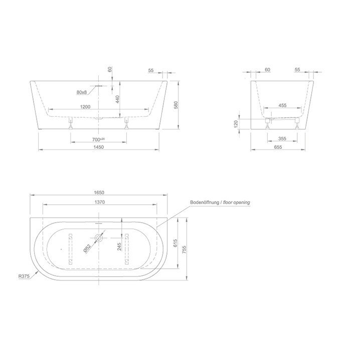 KNIEF Wall XS 0100-255-L Ванна пристенная в правый угол 165*75 см ...